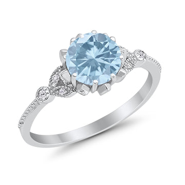 Art Deco Design Fashion Ring Round Simulated Aquamarine CZ 925 Sterling Silver